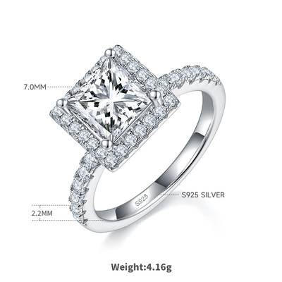 Light Luxury Square Moissanite Women's Wedding Ring 2.0 Carat D-Class in S925 Silver 